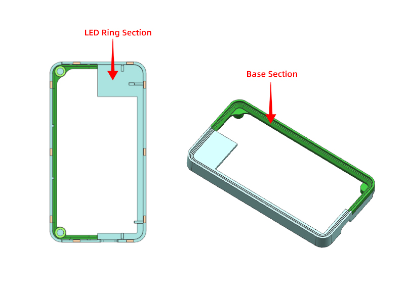 Injection molding part structure showing LED ring section and base section